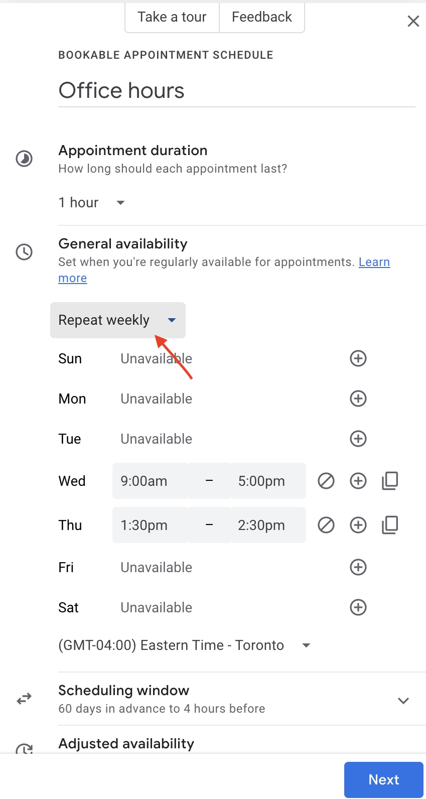 Availability setting menu